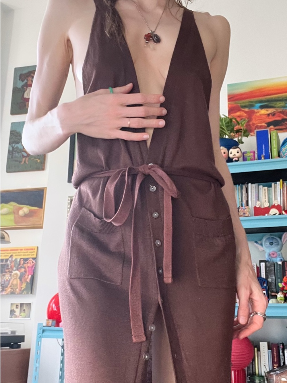 90s French Label Brown Silk Cotton Button-Down Midi Dress